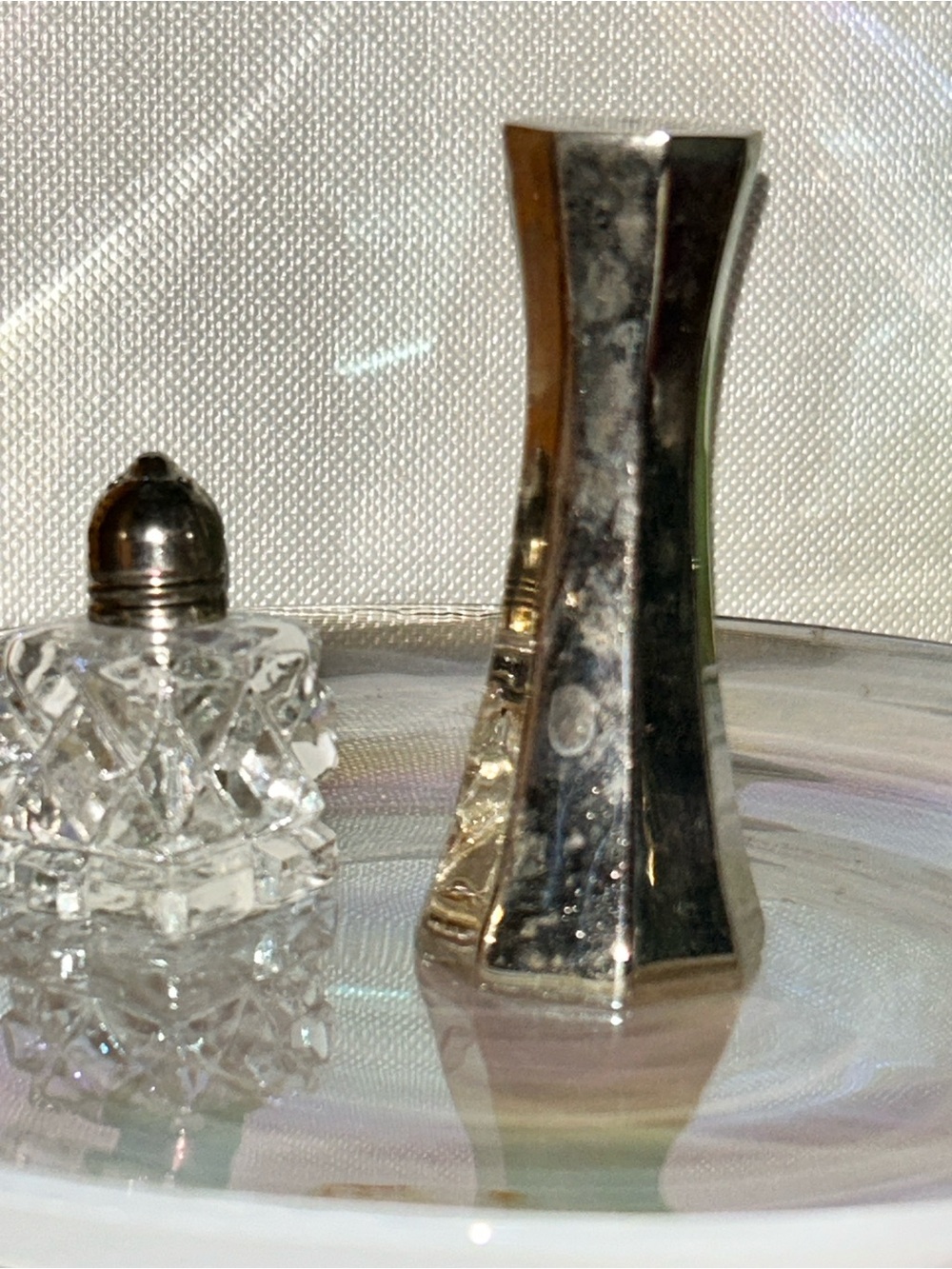 Mini Cut Glass Glass Salt Shaker Silver Top Silver Plated Shaker Mismatched Set